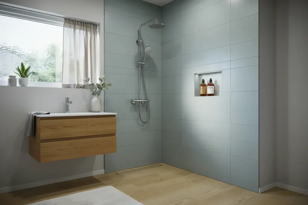 badrumsrenovering med golvv rme och duschv gg i sickla nacka